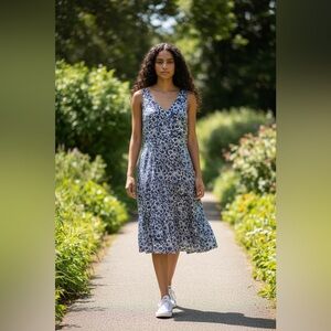 Chaps Floral Sleeveless Midi Dress Blue White Size 14 Tiered Summer